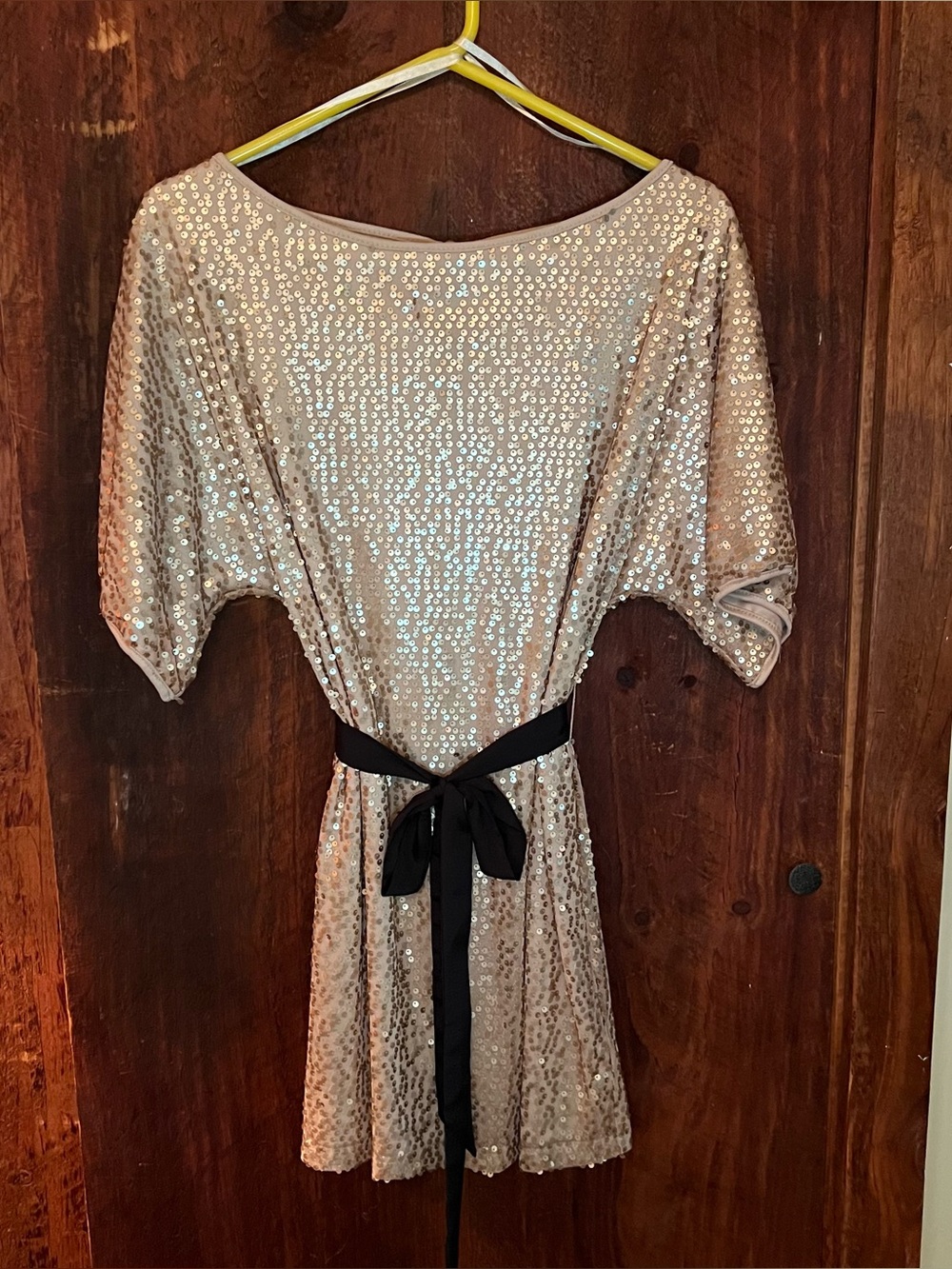Ark & Co Rose Gold Sequin Mini Dress with Black Waist Tie - Picture 1 of 5